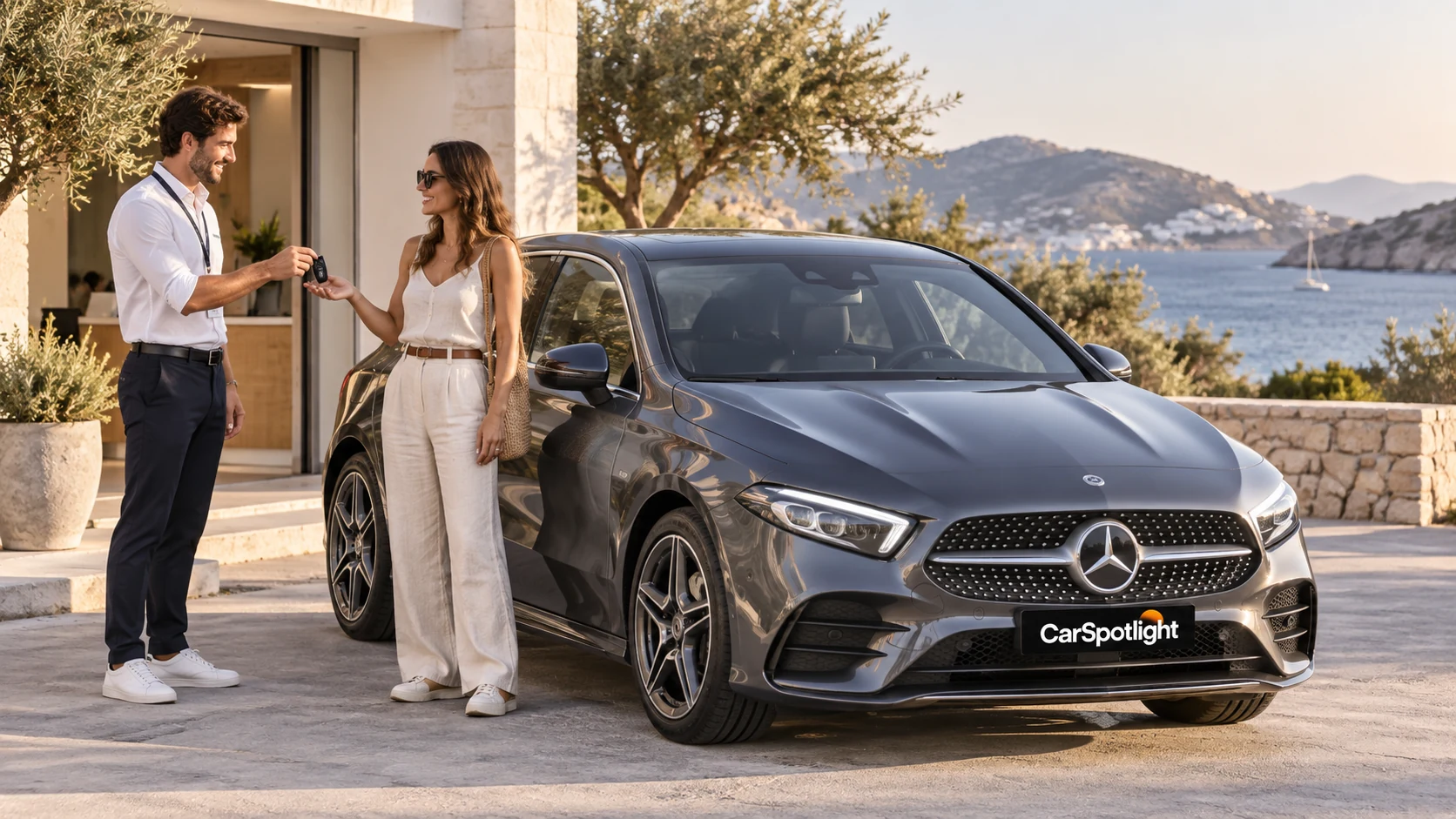 Παράδοση κλειδιού Mercedes δίπλα στη θάλασσα, με το CarSpotlight στην πινακίδα