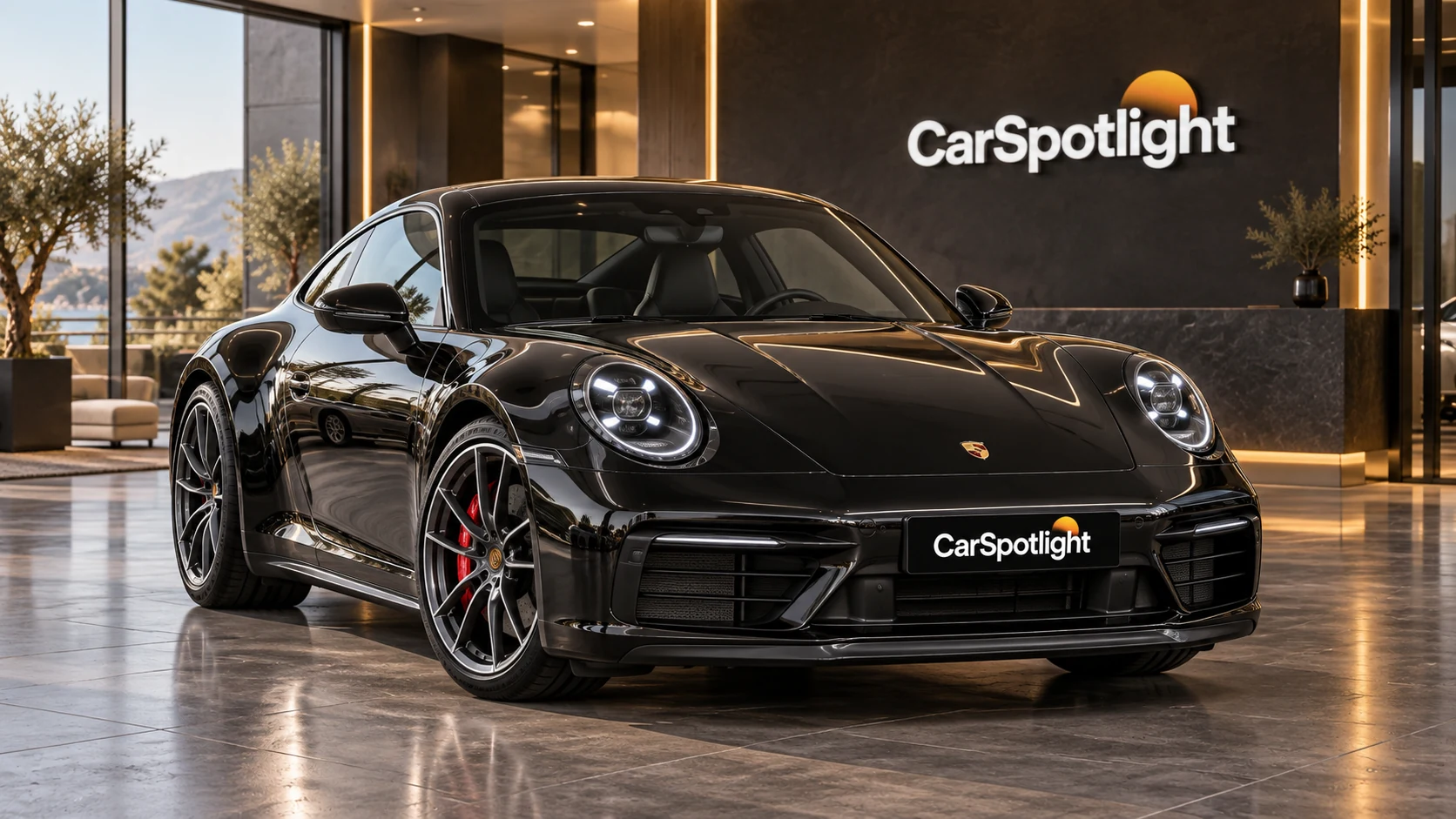 Μαύρη Porsche 911 με το λογότυπο CarSpotlight σε φωτεινό showroom