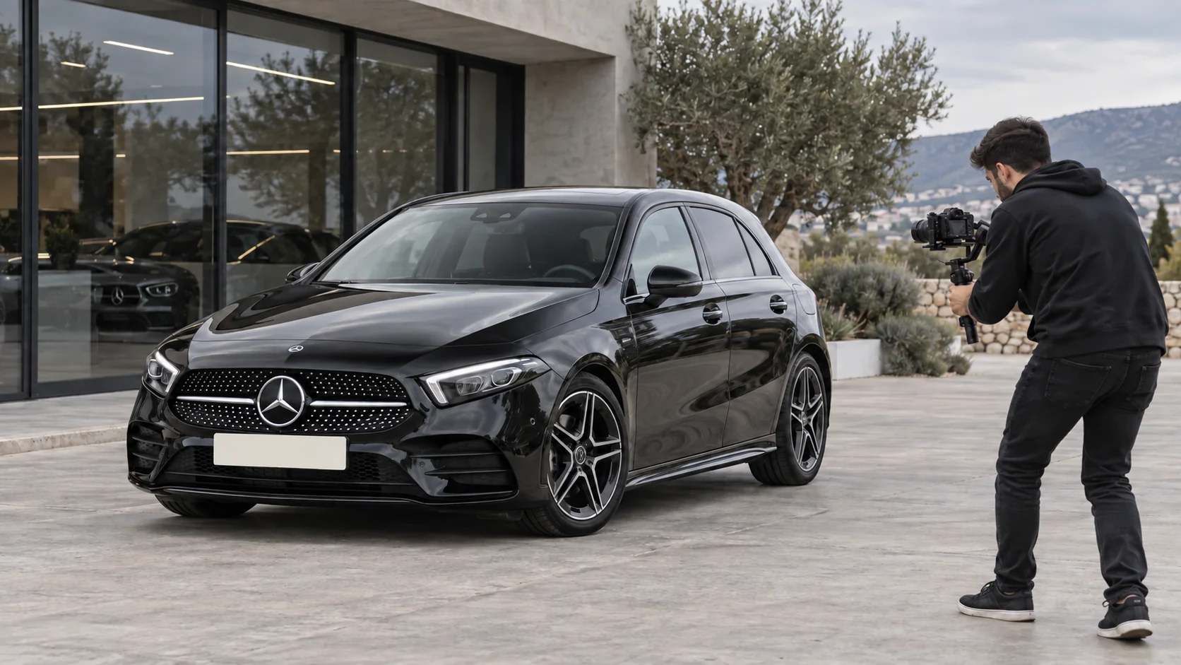 Mercedes-Benz A-Class σε επαγγελματική φωτογράφηση, με το επίσημο λογότυπο CarSpotlight στην πινακίδα